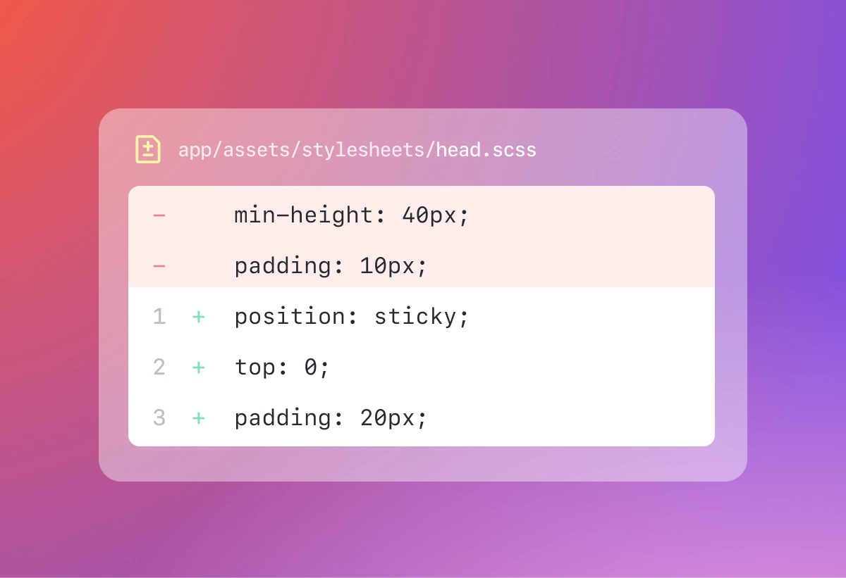 Screenshot showing a code diff in a file named head.scss. The removed lines are min-height: 40px; and padding: 10px;. The added lines are position: sticky;, top: 0;, and padding: 20px. The background has a pink-to-purple gradient.